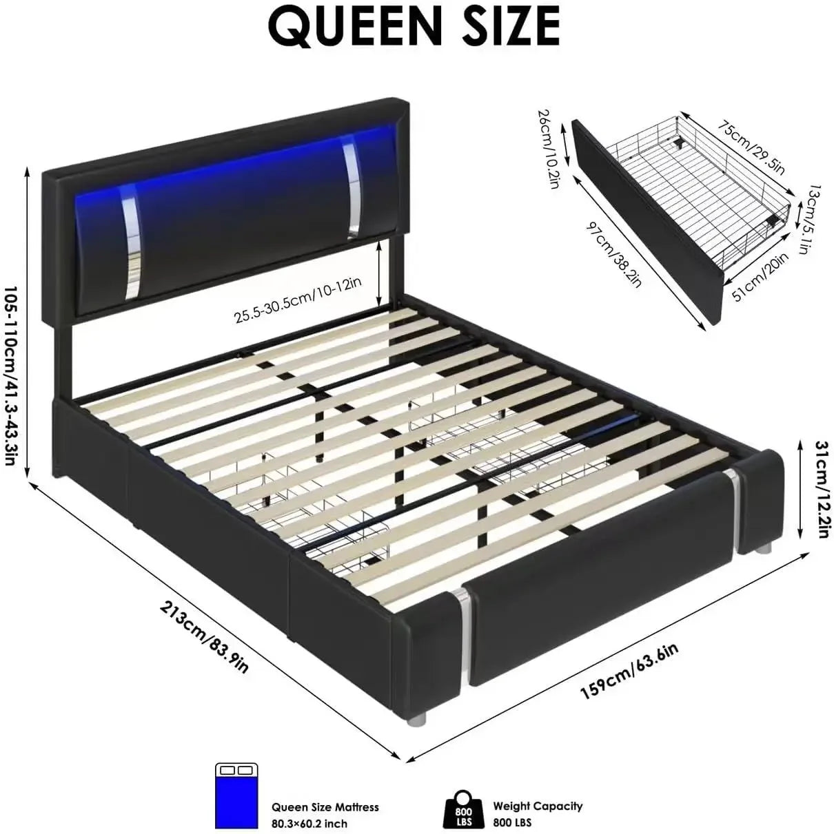 Keyluv Queen Bed Frame RGB LED Lights Headboard 2 Storage Drawers Modern Upholstered Faux Leather Platform Bed Iron Metal Decor