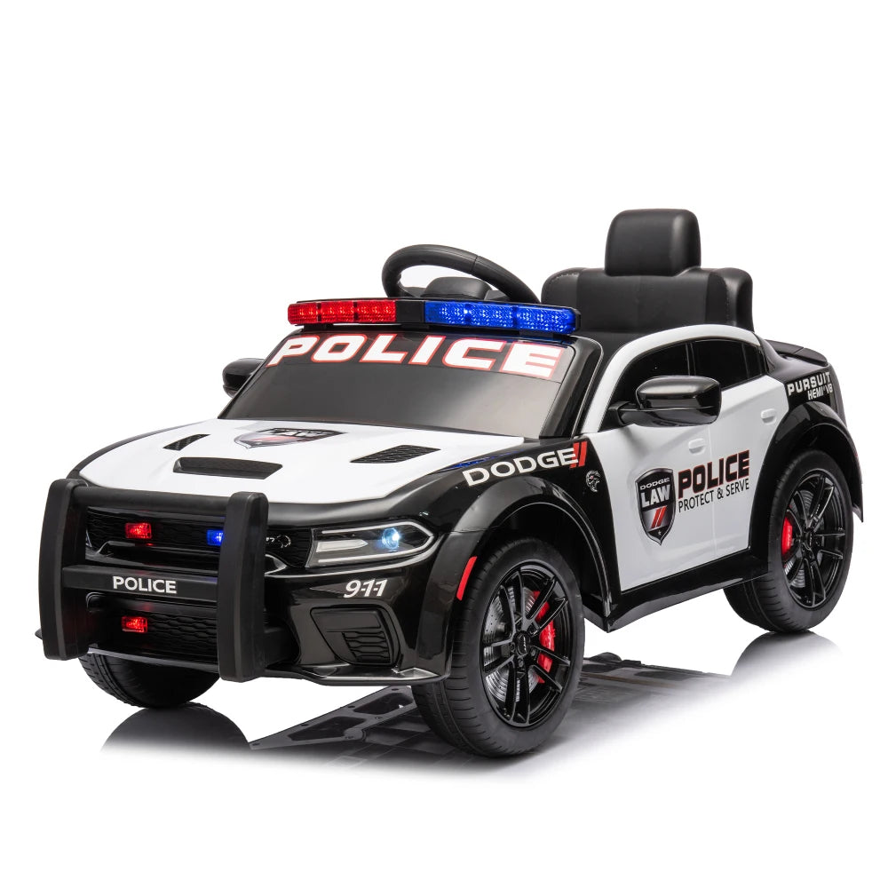 12vKids' Ride-on Police Car with Remote Control, Front and Top Siren Lights, Police Car Sticker, Megaphone Electric Car for Kids