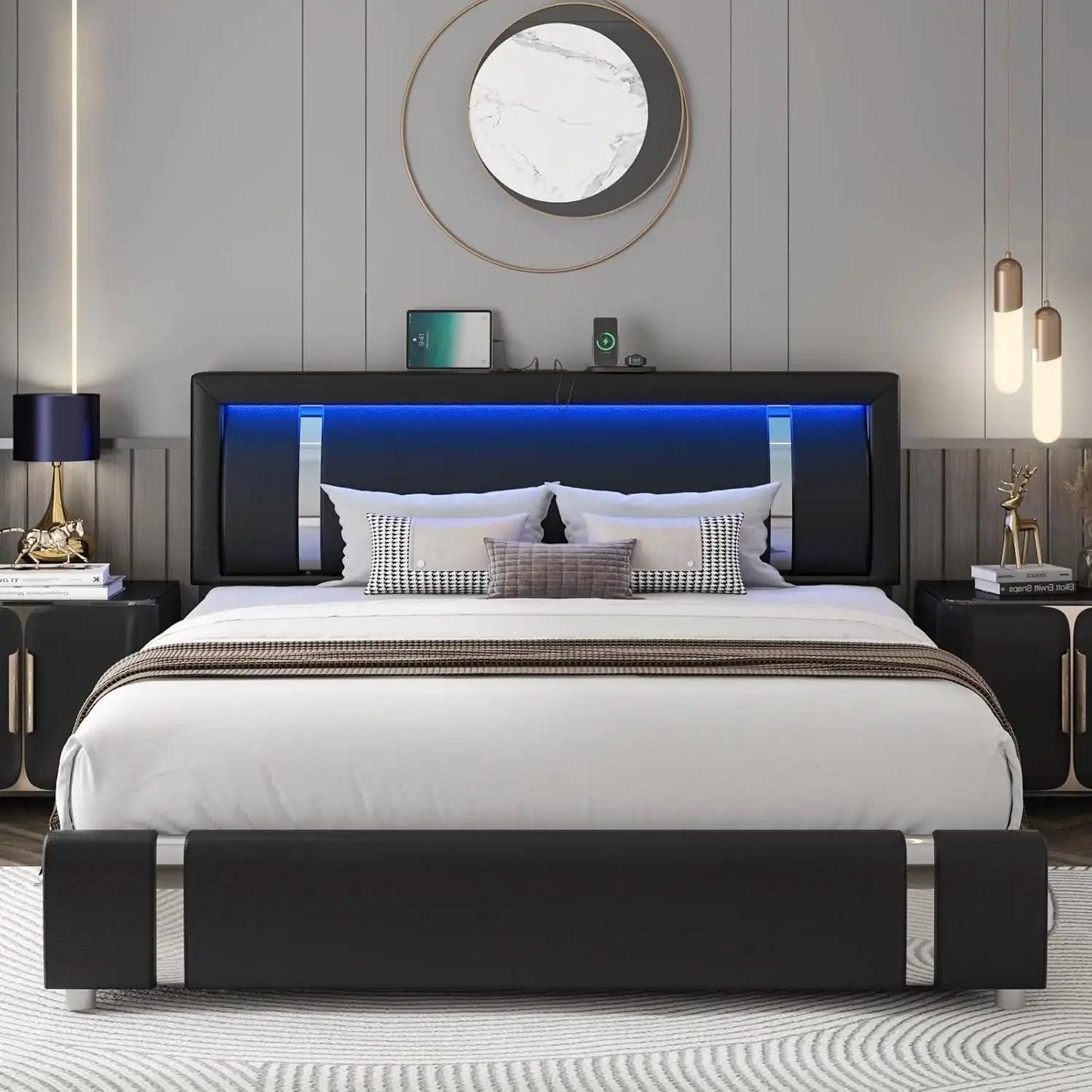 Keyluv Queen Bed Frame RGB LED Lights Headboard 2 Storage Drawers Modern Upholstered Faux Leather Platform Bed Iron Metal Decor