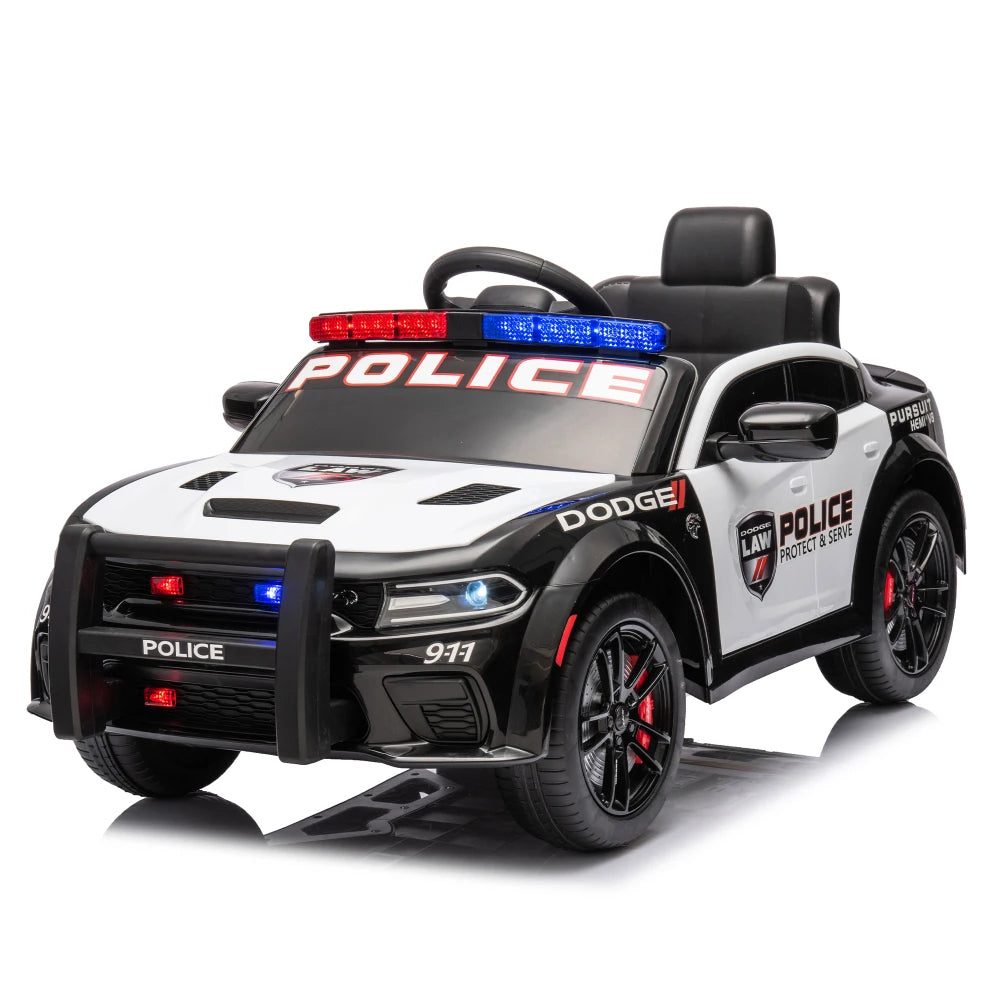 12vKids' Ride-on Police Car with Remote Control, Front and Top Siren Lights, Police Car Sticker, Megaphone Electric Car for Kids