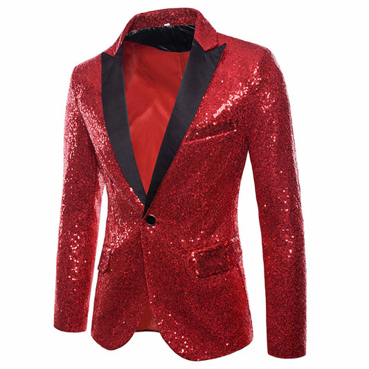 Fashion Luxury Gold Glitter Sequins Men's Suits Shiny One Button Slim Fit Lapel Collar Wedding Party Club Bar Blazer Suit