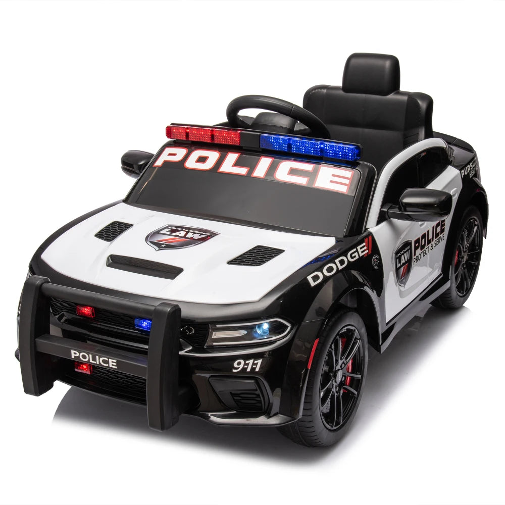 12vKids' Ride-on Police Car with Remote Control, Front and Top Siren Lights, Police Car Sticker, Megaphone Electric Car for Kids