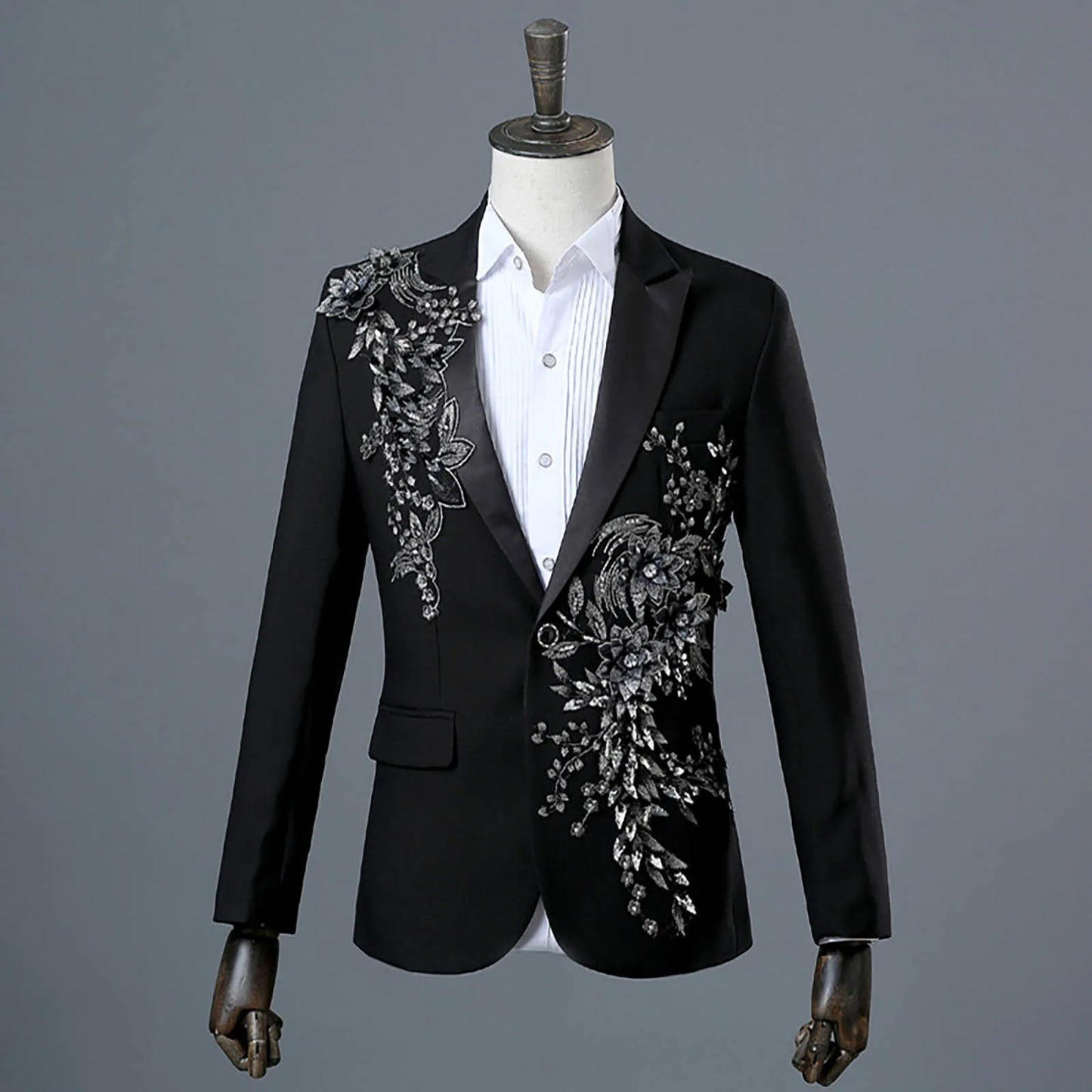 Floral Embroider Men's Suits Singer Nightclub Wedding Party Host One Button Slim Gentleman Blazer Jackets+Pant Sets 2 Piece Set