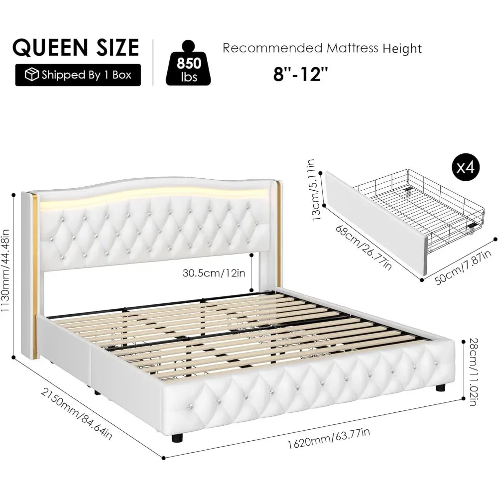 Queen Smart LED Platform Bed Frame with 4 Storage Drawers