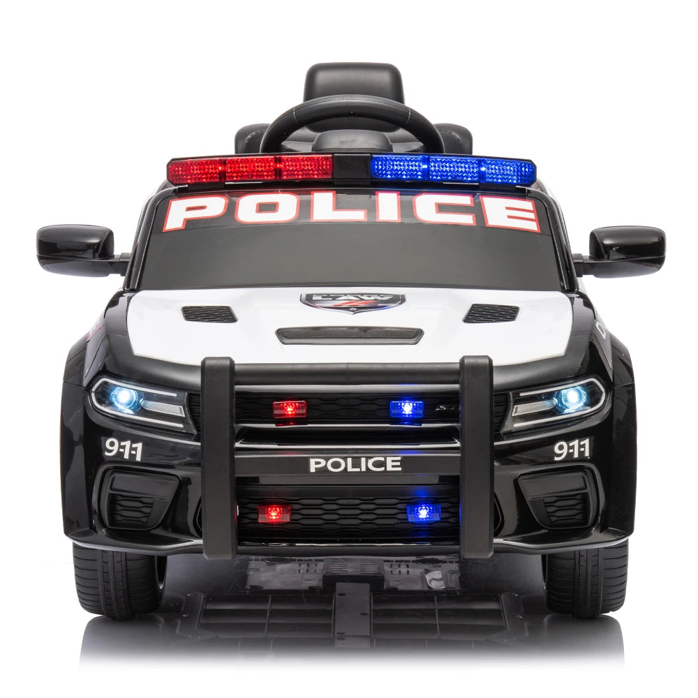 12vKids' Ride-on Police Car with Remote Control, Front and Top Siren Lights, Police Car Sticker, Megaphone Electric Car for Kids