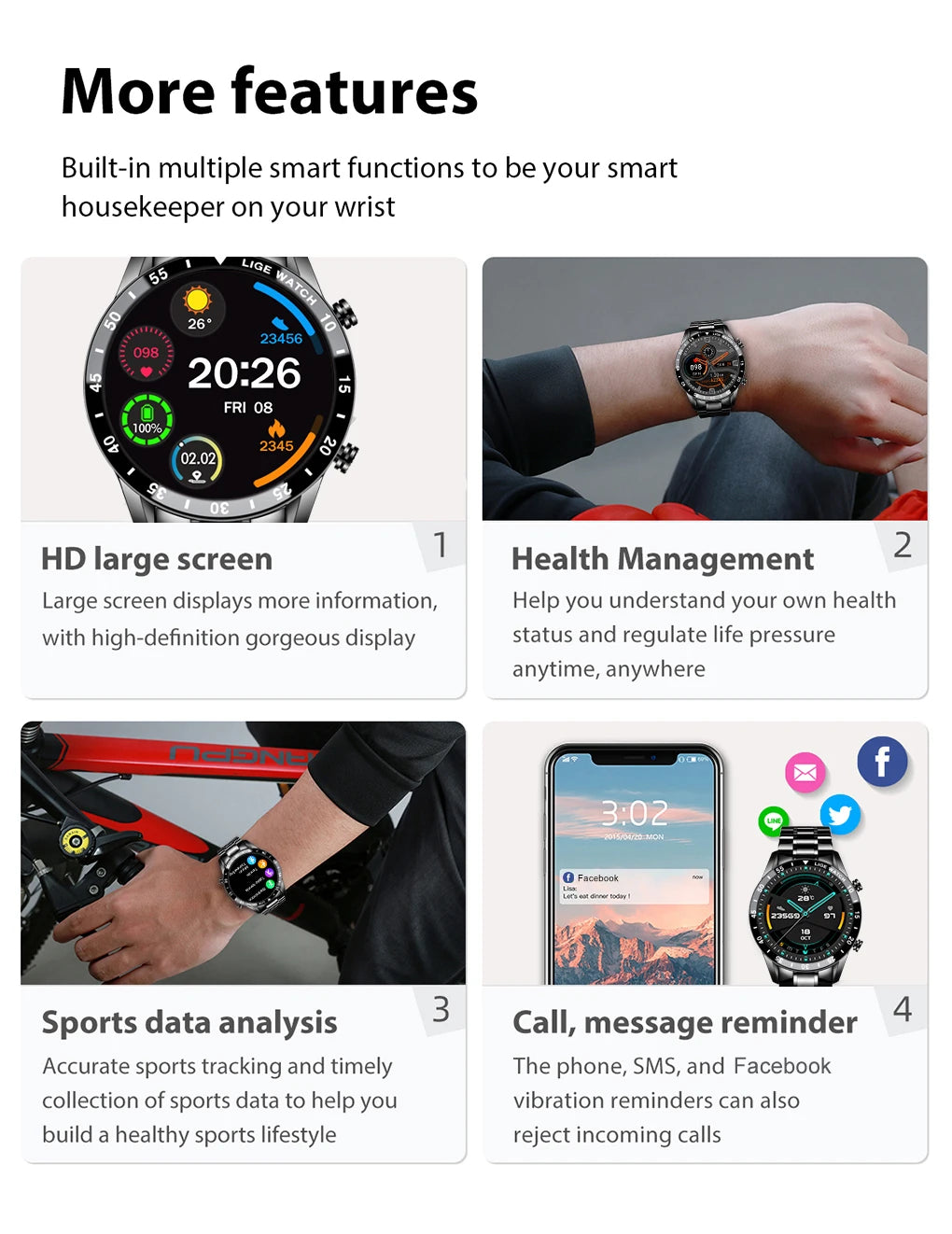 LIGE Fashion Smart Watch Male Fitness Tracker Heart Rate Sleep Monitoring IP67 Waterproof Calling Men Smartwatch For Android IOS