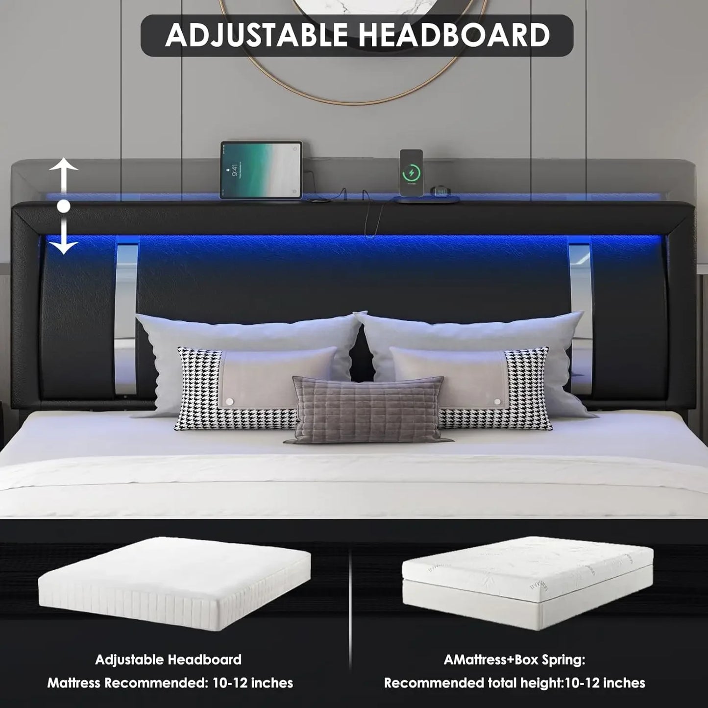 Keyluv Queen Bed Frame RGB LED Lights Headboard 2 Storage Drawers Modern Upholstered Faux Leather Platform Bed Iron Metal Decor