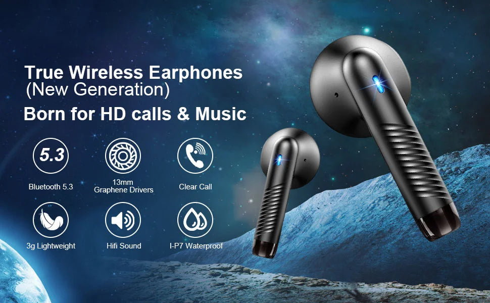 Wireless Earbuds, Bluetooth 5.3 Earbuds Stereo Bass, in-Ear Noise Cancelling Mic, Earphones IP7 Waterproof Sports, 40H Playback.