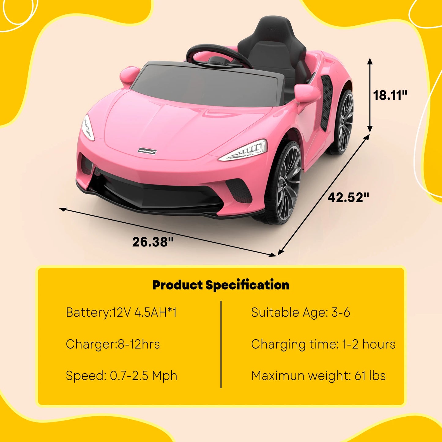 Ride on Car for Kids, 12V Licensed McLaren Battery Powered Sports Car with 2 Speeds, Parent Control, Sound System with LED Headl