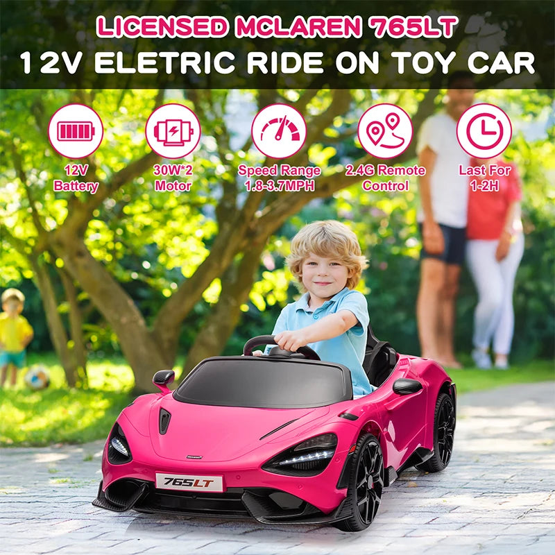 12V Licensed McLaren 765LT Kids Ride On Toy,Electric Vehicle for Toddler Age 3+,Battery Powered Ride On Car with Hydraulic Doors