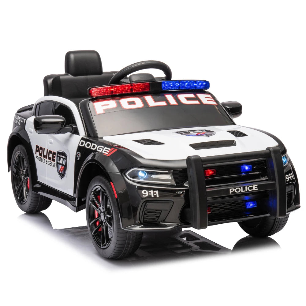 12vKids' Ride-on Police Car with Remote Control, Front and Top Siren Lights, Police Car Sticker, Megaphone Electric Car for Kids