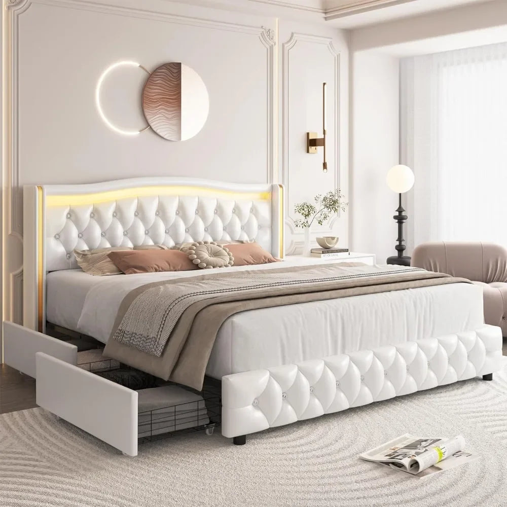 Queen Smart LED Platform Bed Frame with 4 Storage Drawers