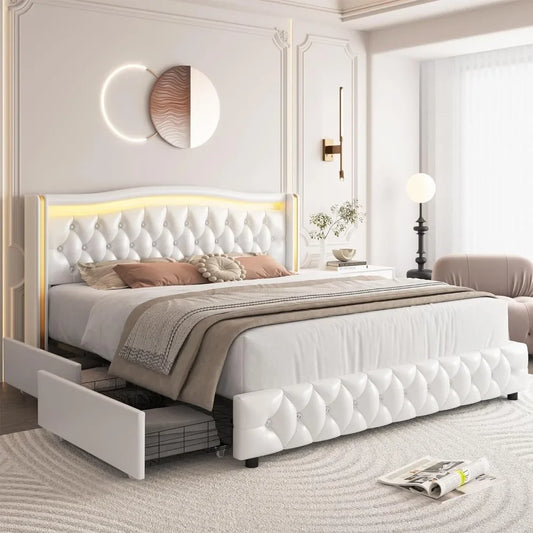 Queen Smart LED Platform Bed Frame with 4 Storage Drawers