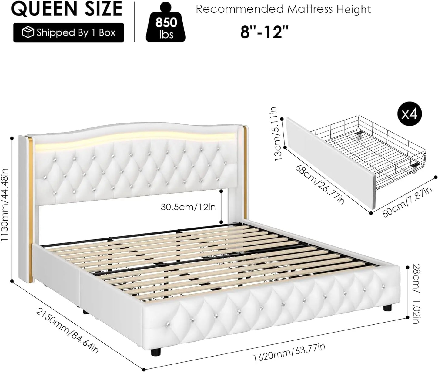 Queen Smart LED Platform Bed Frame with 4 Storage Drawers