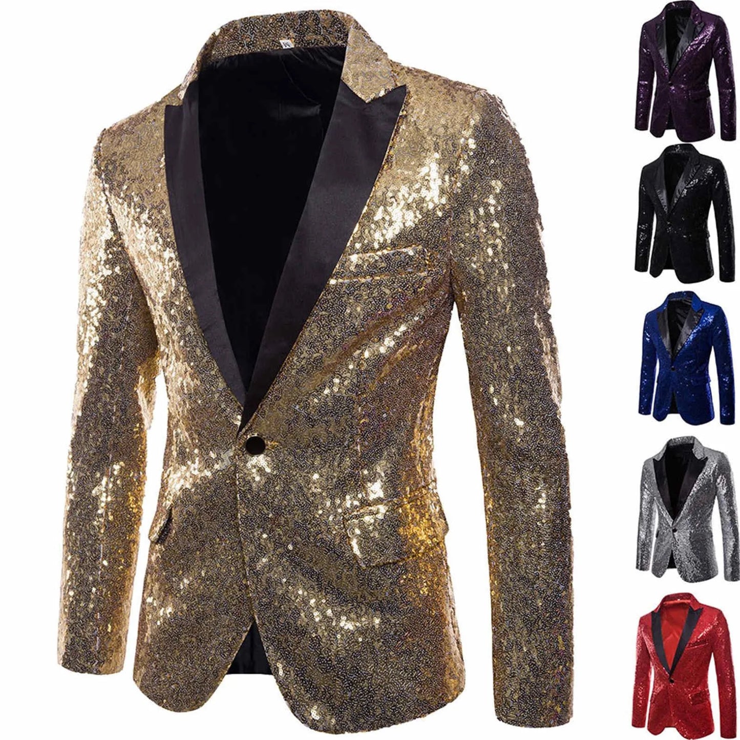 Fashion Luxury Gold Glitter Sequins Men's Suits Shiny One Button Slim Fit Lapel Collar Wedding Party Club Bar Blazer Suit