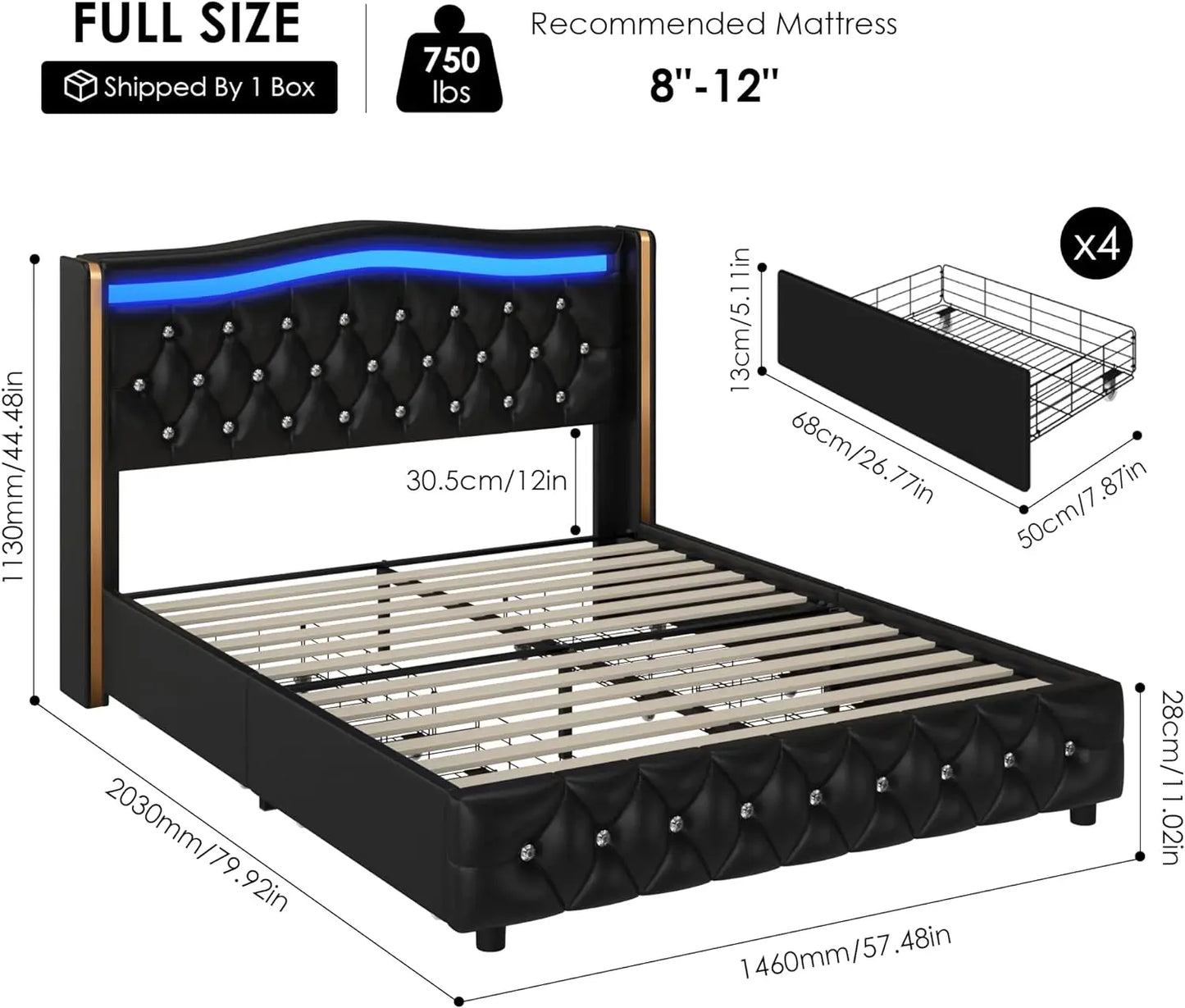 Queen Smart LED Platform Bed Frame with 4 Storage Drawers