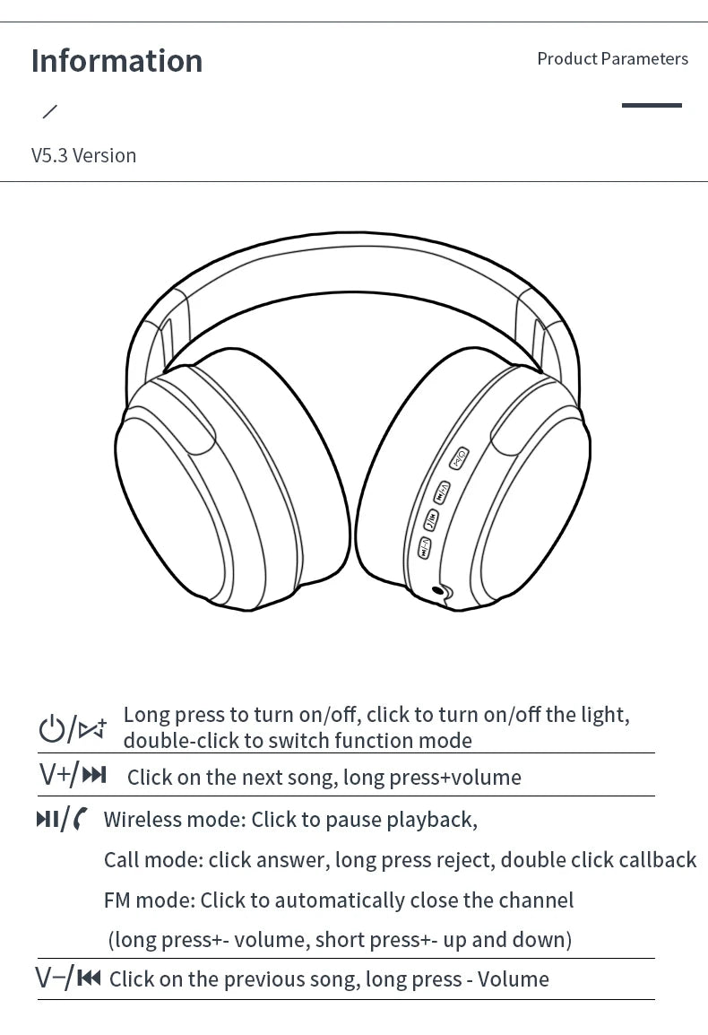 TWS Bluetooth Headphone Wireless Music Headset Over The Ear High Fidelity Bass Stereo Sports Bluetooth Earphones with AUX Cable