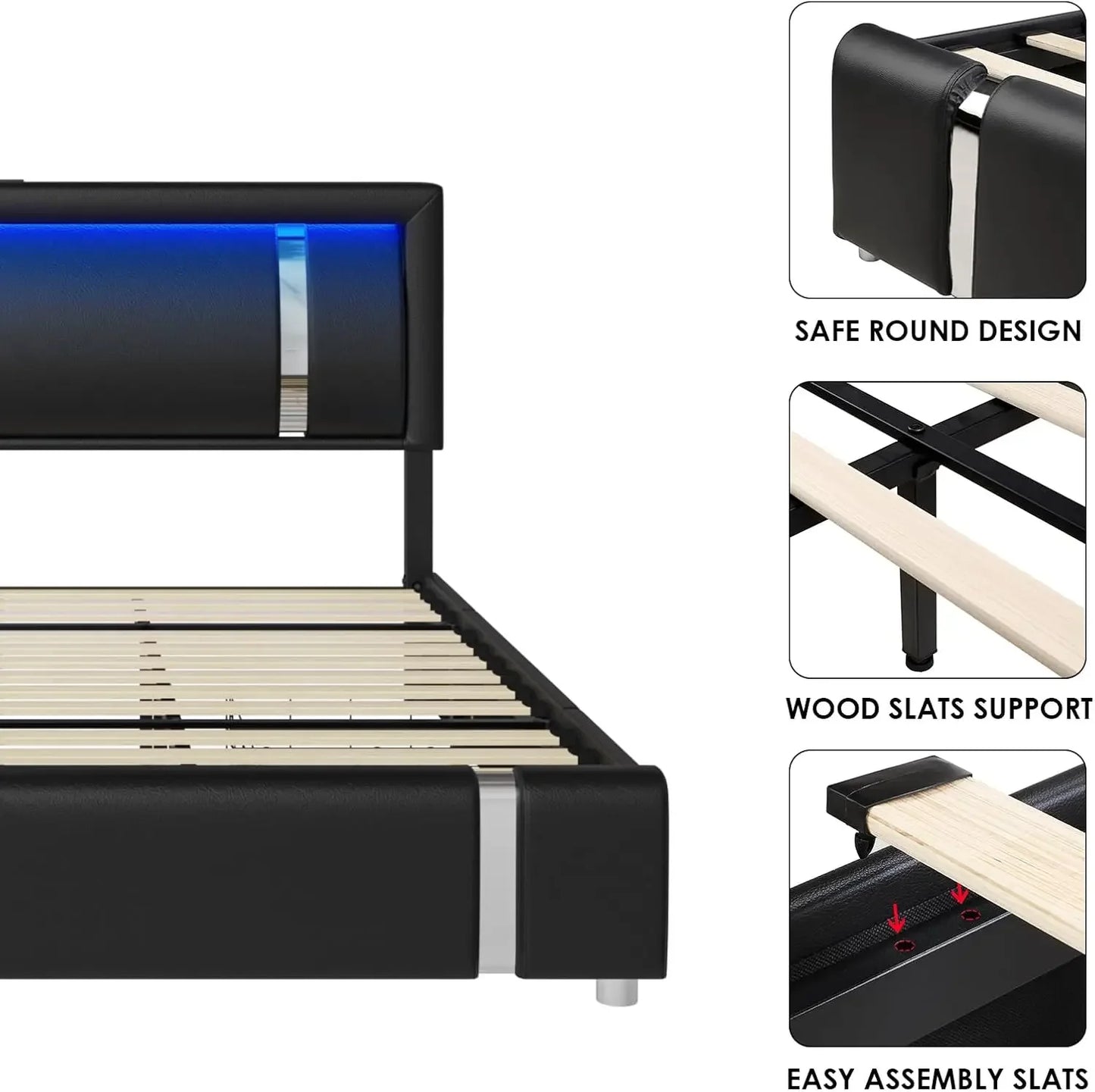 Keyluv Queen Bed Frame RGB LED Lights Headboard 2 Storage Drawers Modern Upholstered Faux Leather Platform Bed Iron Metal Decor