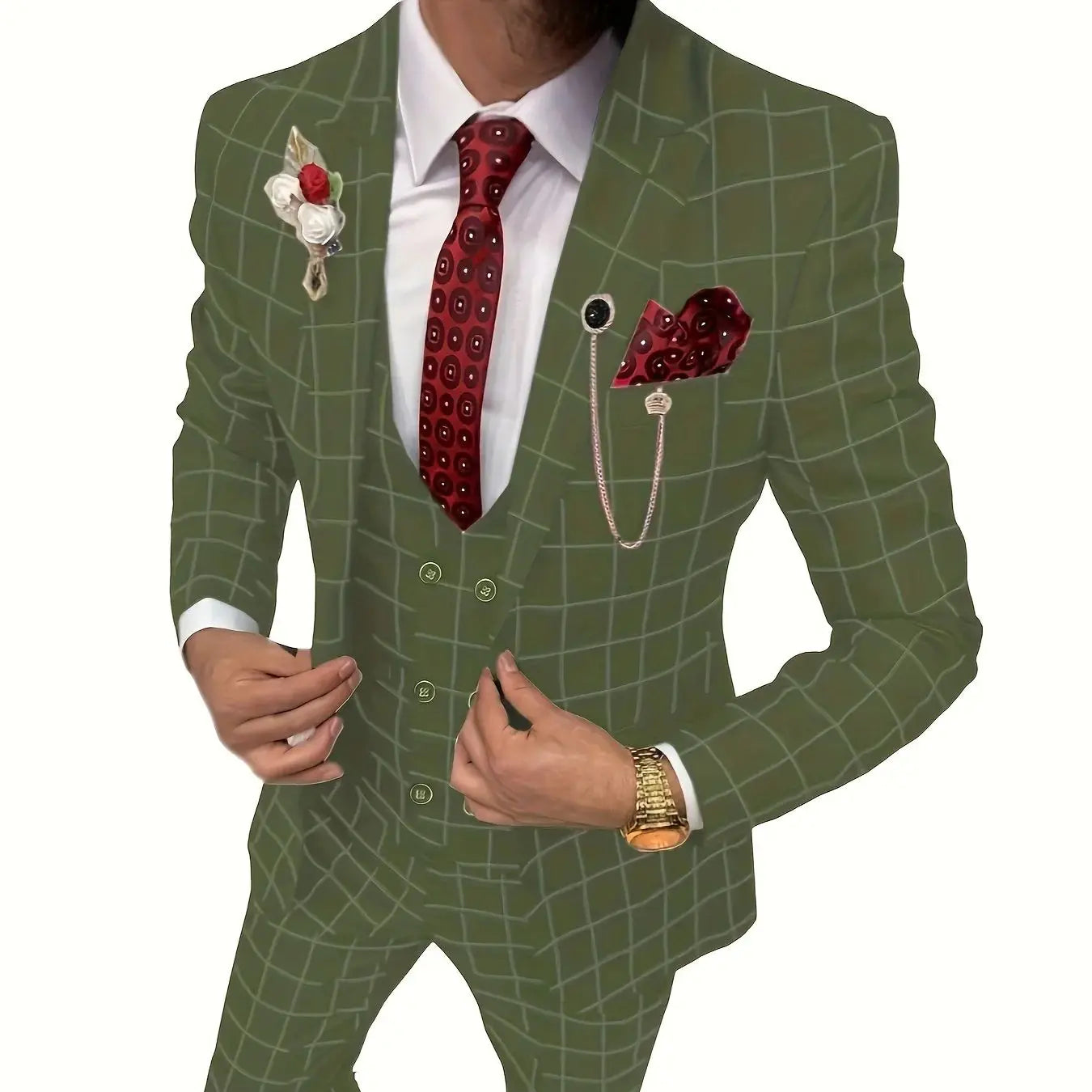 Elegant Men's Suit 3 Pieces Plaid Tuxedos Business Suits Slim Fit Double Breasted for Wedding Business (Blazer+vest+Pants)