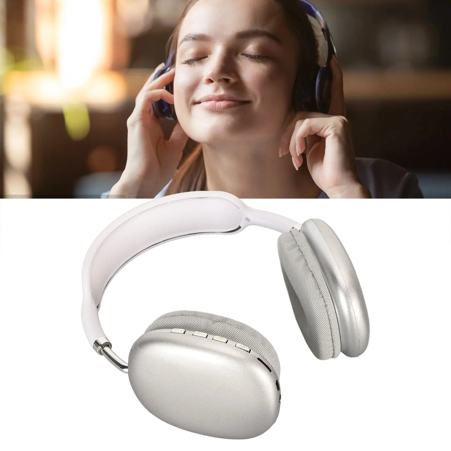 Bluetooth Headphone HiFi  Bass Built in Mic Support Memory Card Wireless Headset for Running Travel White Over Ear Headphone